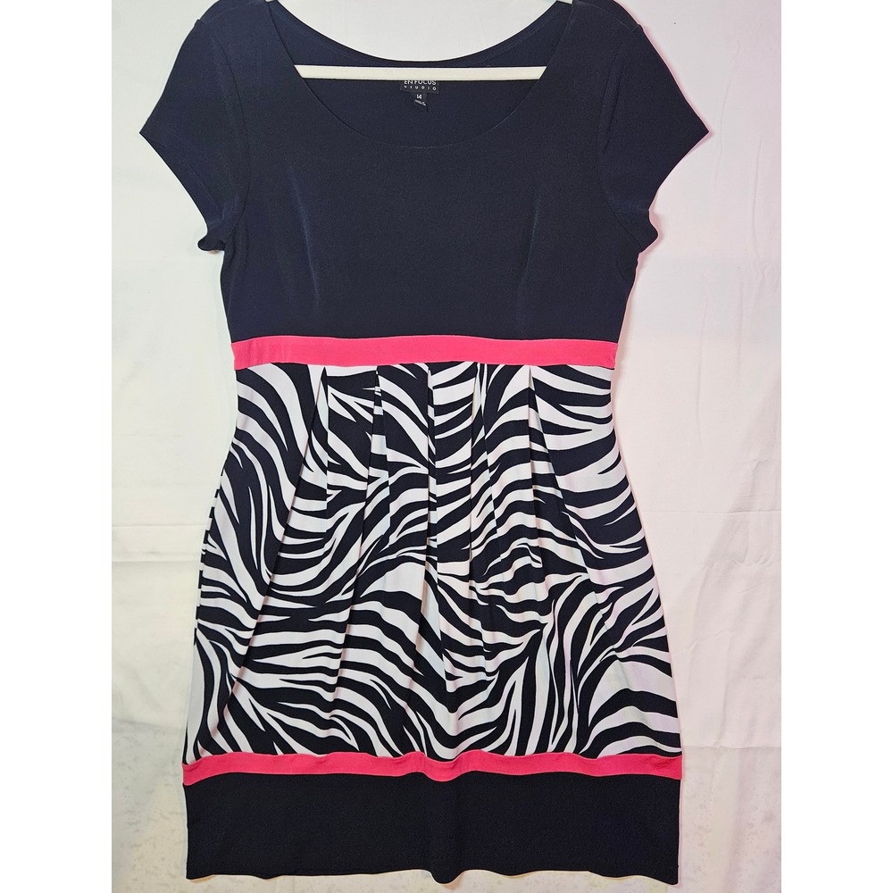 Black Zebra Print Dress Pink Trim Size 14 Party Girl Retro Pleated#351